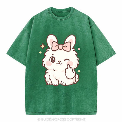 fluffy white angora rabbit with pink bow, one paw delicately flipping off - Vintage T-shirt - Forest Mist(Green)