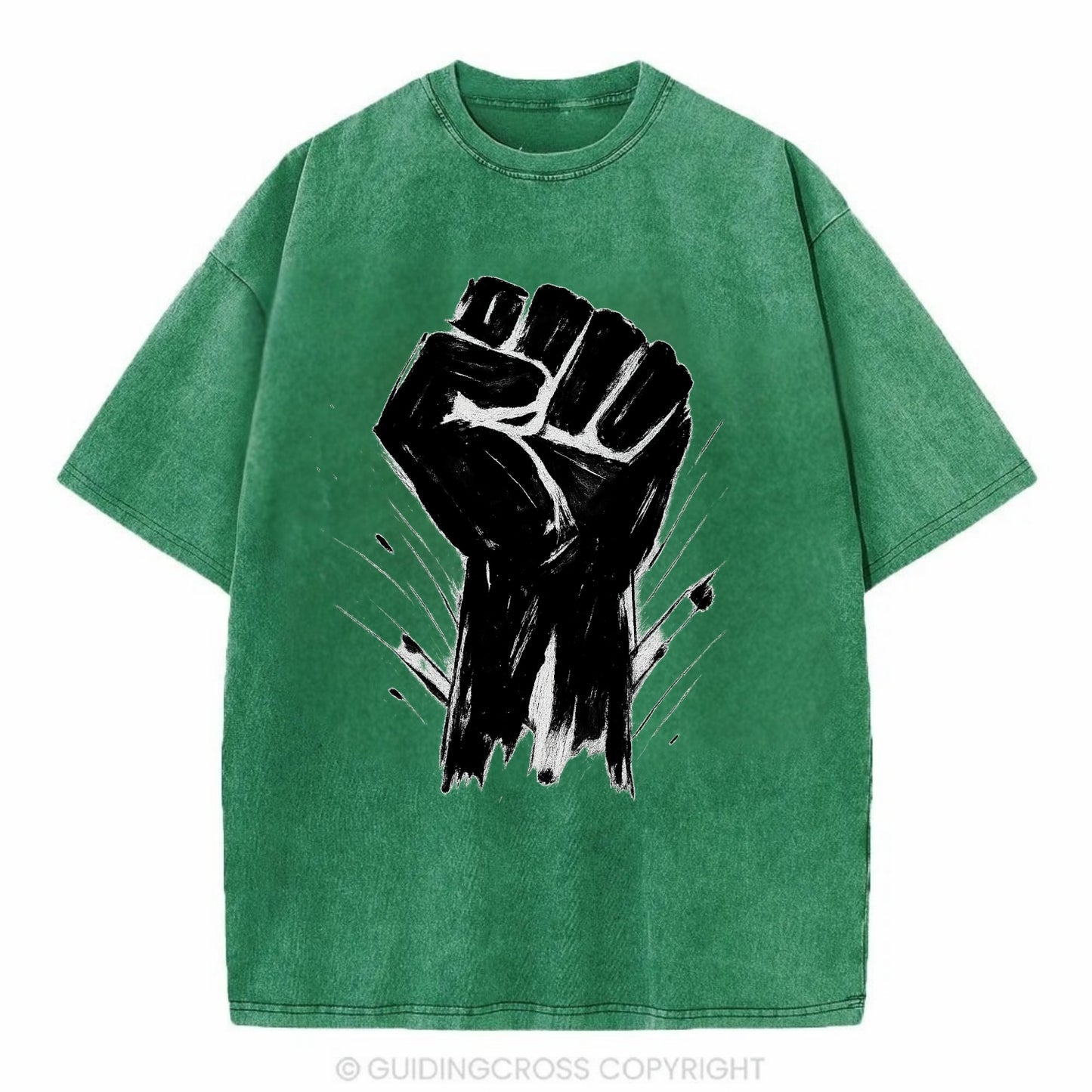 Raised fist in bold black ink brushstrokes - symbol of solidarity and resistance - Vintage T-shirt - Forest Mist(Green)