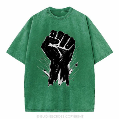Raised fist in bold black ink brushstrokes - symbol of solidarity and resistance - Vintage T-shirt - Forest Mist(Green)