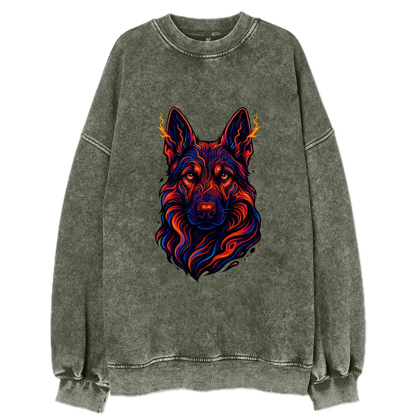 Alert German Shepherd with cyber circuit patterns in the fur, neon orange and - Vintage Sweatshirt - Forest Mist(Green)
