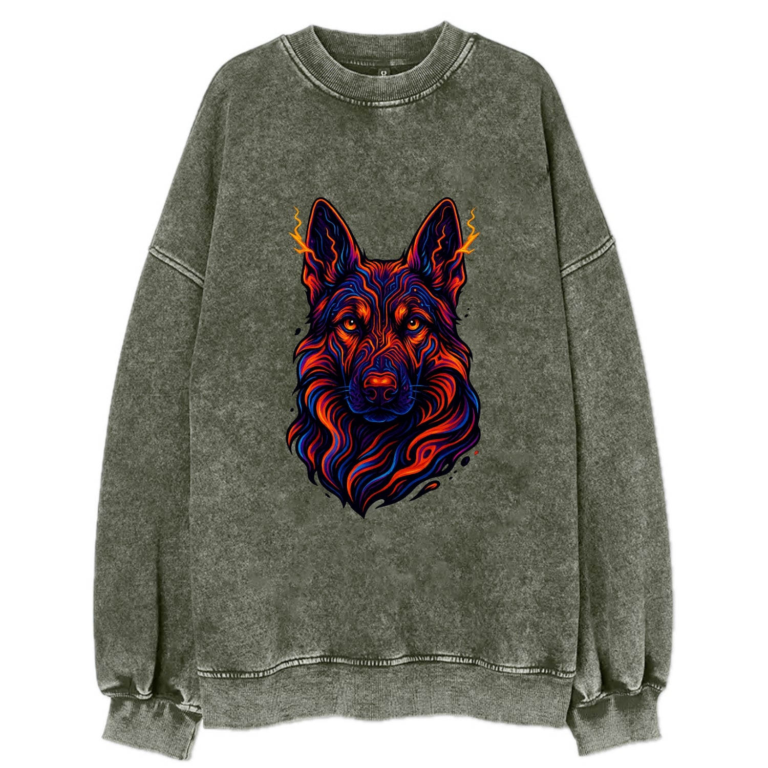 Alert German Shepherd with cyber circuit patterns in the fur, neon orange and - Vintage Sweatshirt - Forest Mist(Green)