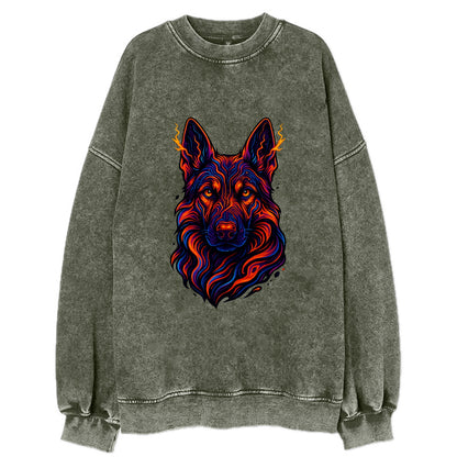 Alert German Shepherd with cyber circuit patterns in the fur, neon orange and - Vintage Sweatshirt - Forest Mist(Green)
