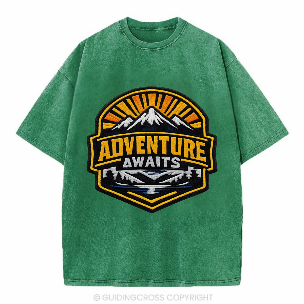 ADVENTURE AWAITS - mountain sunrise with text in gold and blue , wanderlust - Vintage T-shirt - Forest Mist(Green)