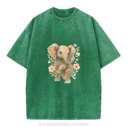 baby elephant with trunk up, one foot raised with middle toe extended - Vintage T-shirt - Forest Mist(Green)