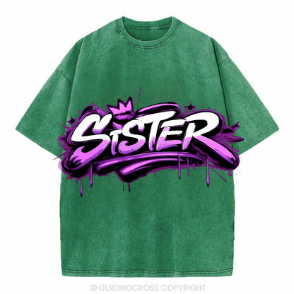 Bold typography design - "SISTER" - female bond, sisterhood - Vintage T-shirt - Forest Mist(Green)