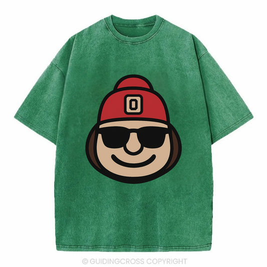 Columbus Brutus wearing Ohio State beanie with Block O patch - Vintage T-shirt - Forest Mist(Green)