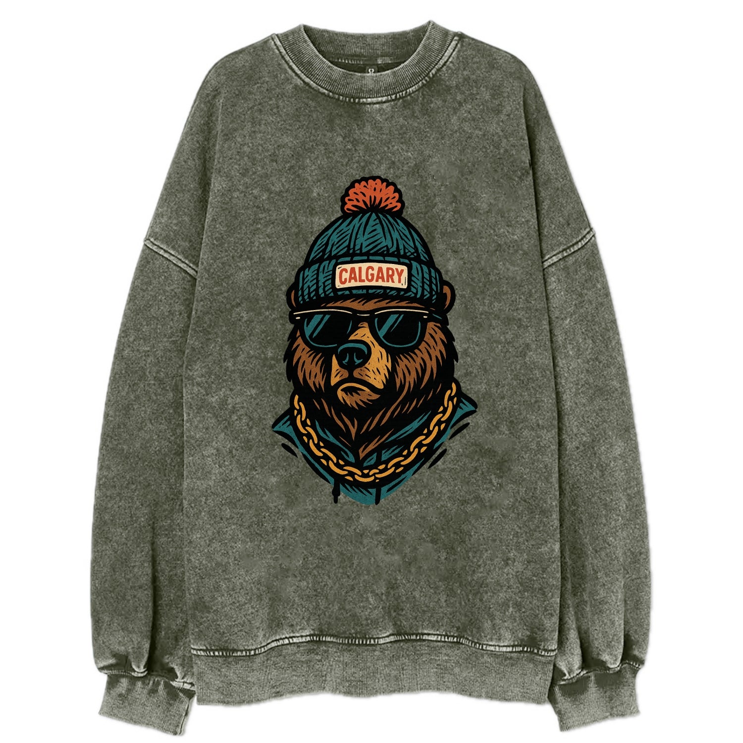 Calgary Grizzly Bear wearing Calgary beanie with pom pom and wayfarer - Vintage Sweatshirt - Forest Mist(Green)