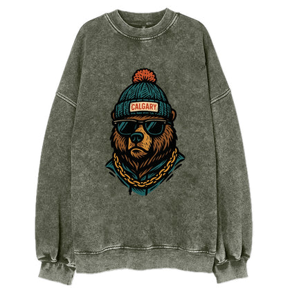 Calgary Grizzly Bear wearing Calgary beanie with pom pom and wayfarer - Vintage Sweatshirt - Forest Mist(Green)