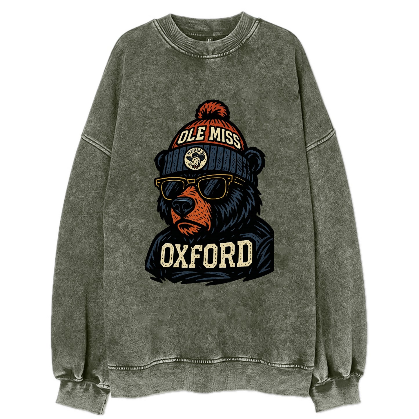 Oxford Black Bear wearing Ole Miss beanie with rebel patch - Vintage Sweatshirt - Forest Mist(Green)