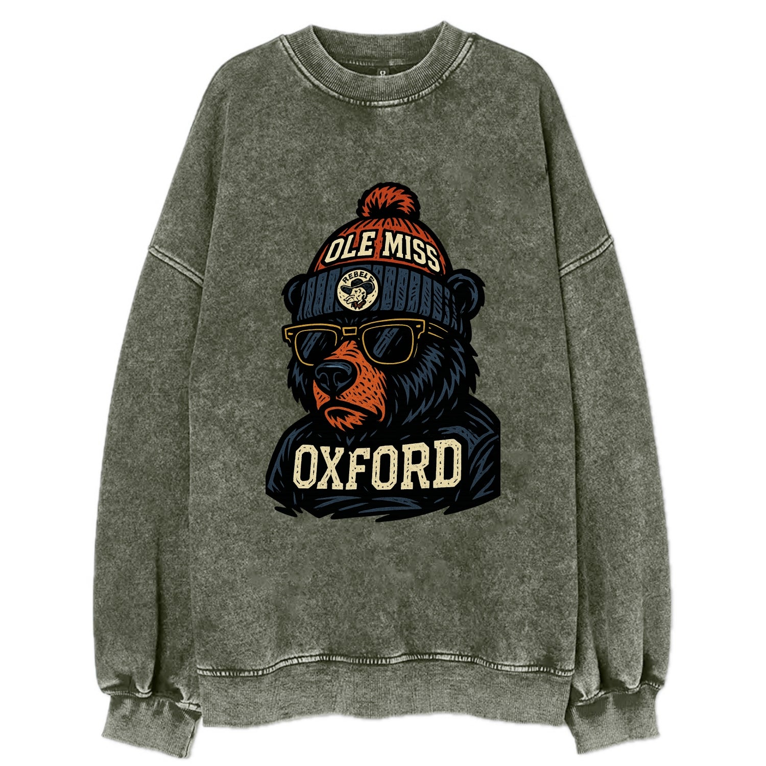 Oxford Black Bear wearing Ole Miss beanie with rebel patch - Vintage Sweatshirt - Forest Mist(Green)