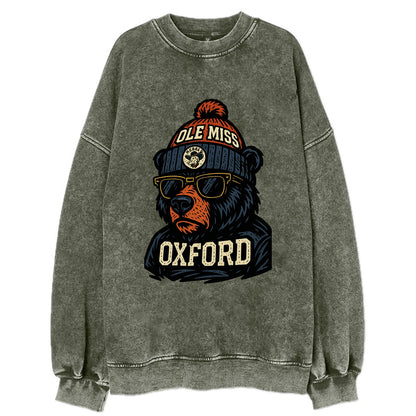 Oxford Black Bear wearing Ole Miss beanie with rebel patch - Vintage Sweatshirt - Forest Mist(Green)