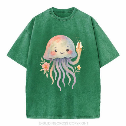 jellyfish with kawaii face and tentacles, one tentacle pointing up defiantly - Vintage T-shirt - Forest Mist(Green)