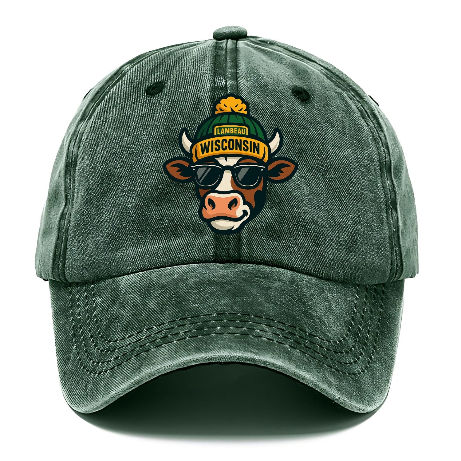 Wisconsin Cow wearing Packers beanie with Lambeau patch and wayfarer sunglasses - Classic Cap - Forest Mist(Green)