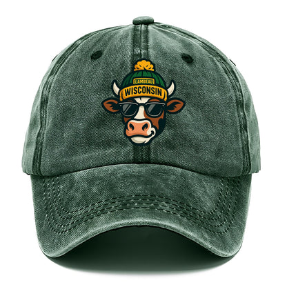 Wisconsin Cow wearing Packers beanie with Lambeau patch and wayfarer sunglasses - Classic Cap - Forest Mist(Green)