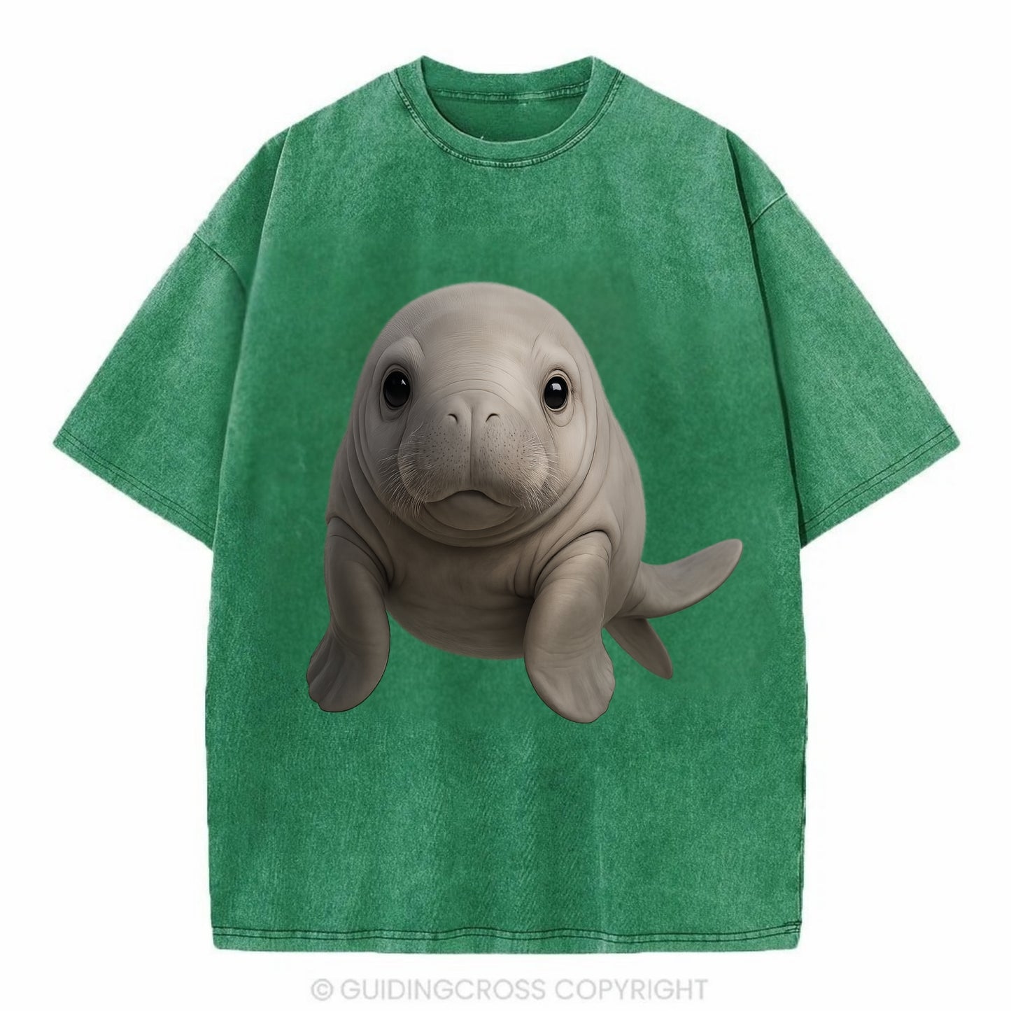Baby Dugong - gray with paddle tail, gentle expression, whiskers, front-facing, - Vintage T-shirt - Forest Mist(Green)