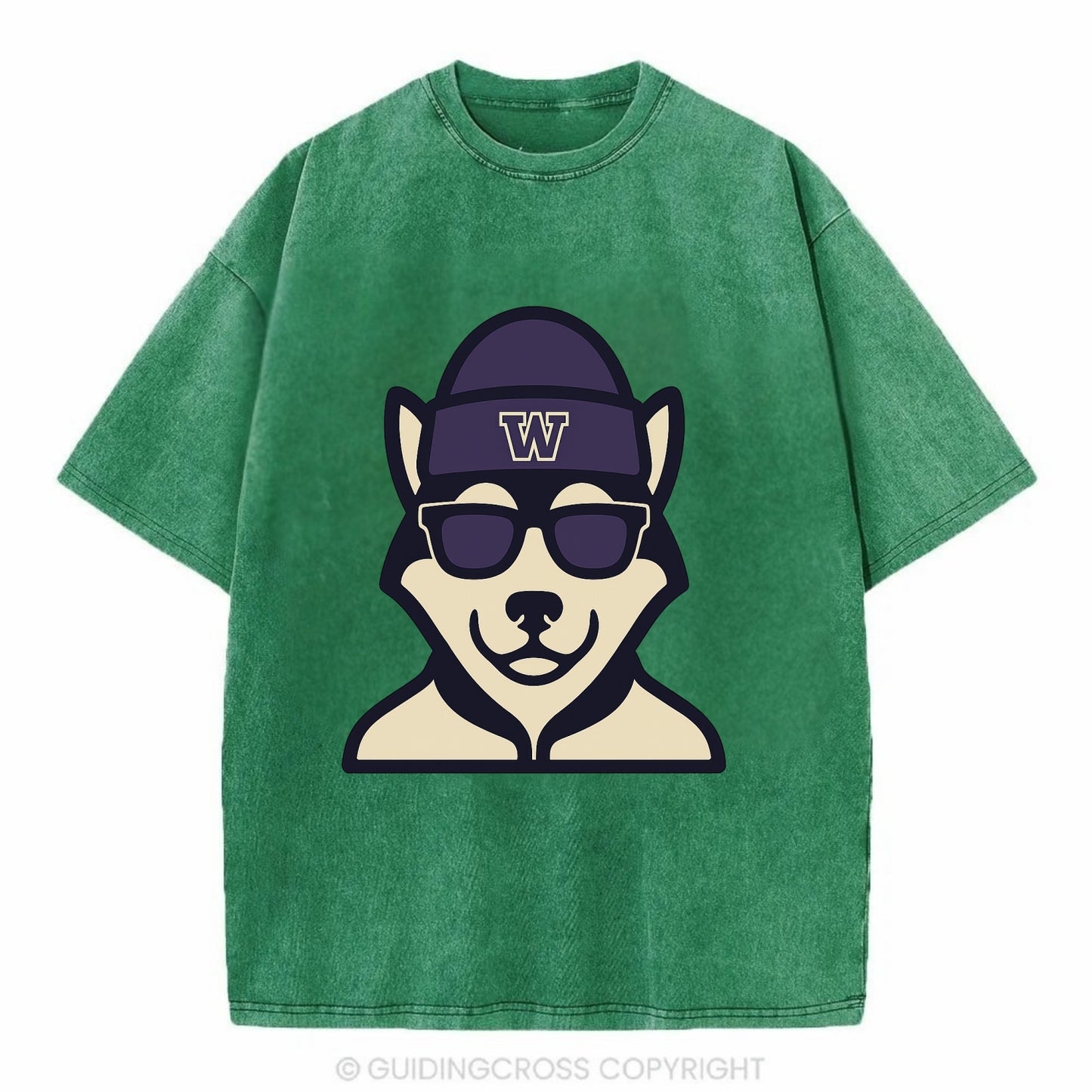 Seattle Husky wearing Washington beanie with W patch - Vintage T-shirt - Forest Mist(Green)