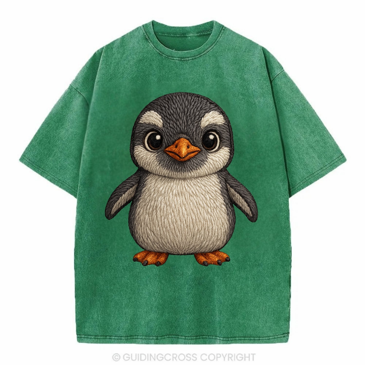 Baby Gentoo Penguin - orange beak, white cap, bright eyes, front-facing, energetic - Vintage T-shirt - Forest Mist(Green)