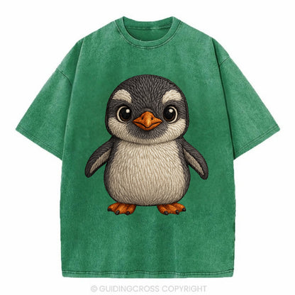 Baby Gentoo Penguin - orange beak, white cap, bright eyes, front-facing, energetic - Vintage T-shirt - Forest Mist(Green)