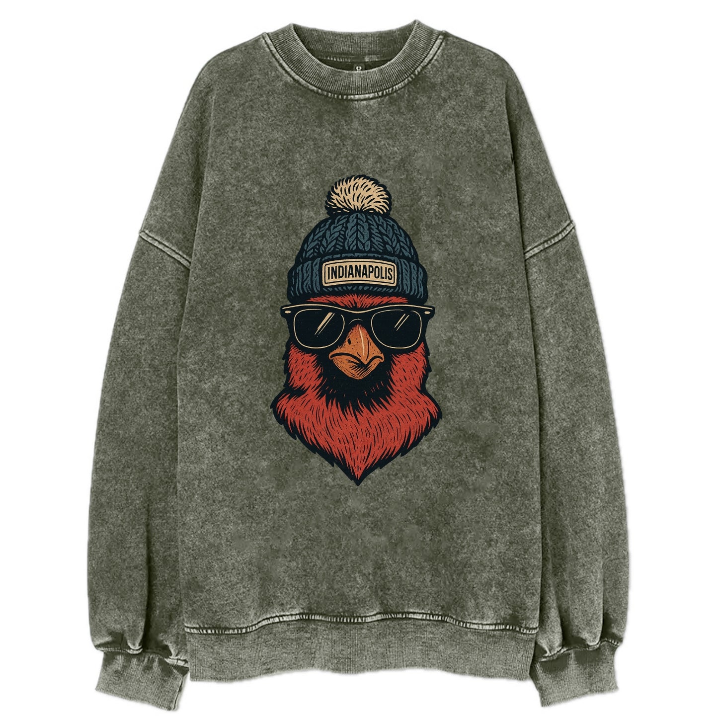 Indiana Cardinal wearing Indianapolis beanie with pom pom and wayfarer - Vintage Sweatshirt - Forest Mist(Green)
