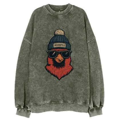 Indiana Cardinal wearing Indianapolis beanie with pom pom and wayfarer - Vintage Sweatshirt - Forest Mist(Green)