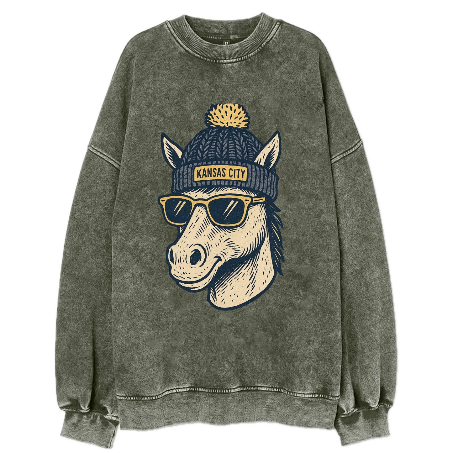 Missouri Mule wearing Kansas City beanie with pom pom and wayfarer sunglasses - Vintage Sweatshirt - Forest Mist(Green)