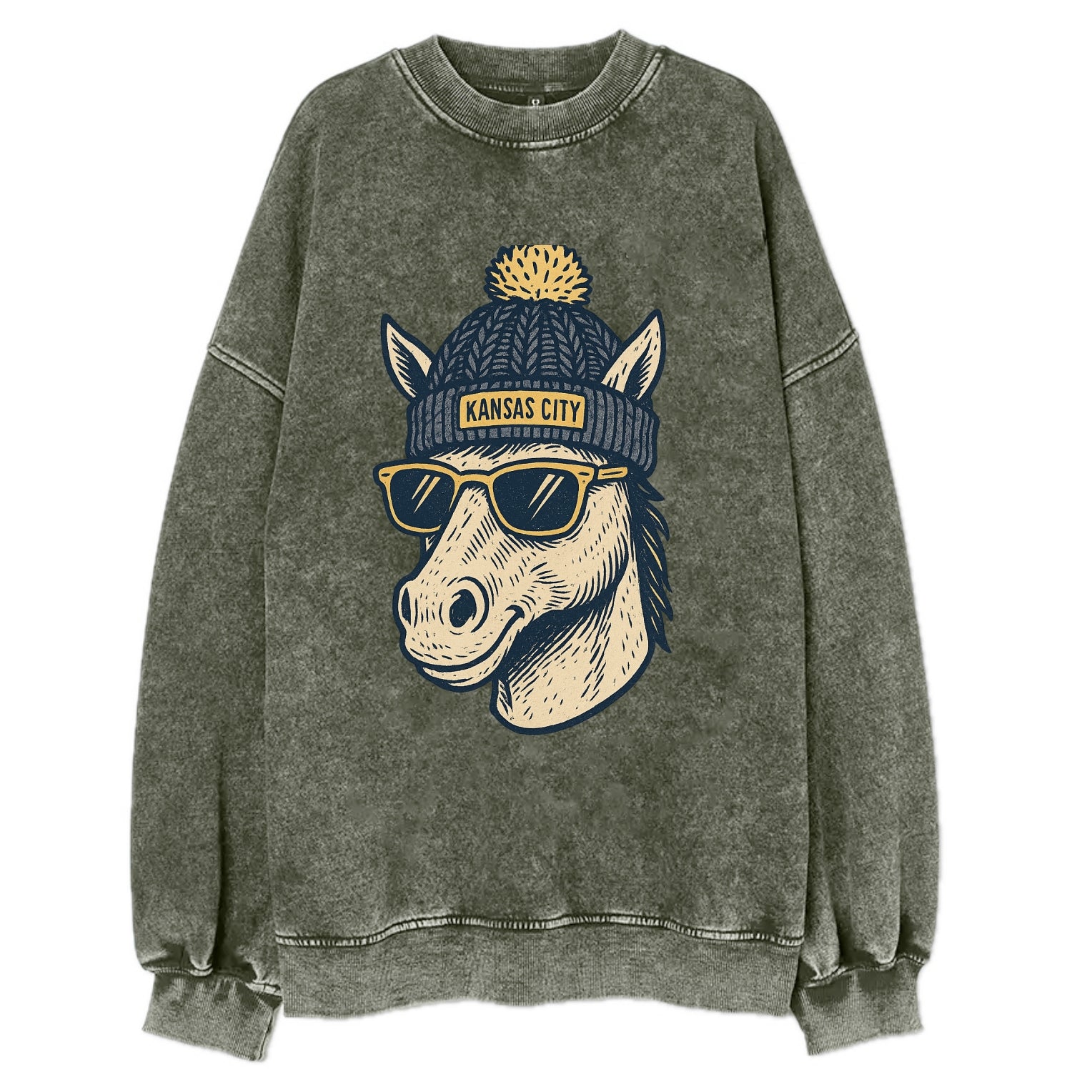 Missouri Mule wearing Kansas City beanie with pom pom and wayfarer sunglasses - Vintage Sweatshirt - Forest Mist(Green)