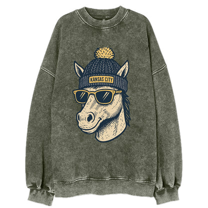 Missouri Mule wearing Kansas City beanie with pom pom and wayfarer sunglasses - Vintage Sweatshirt - Forest Mist(Green)