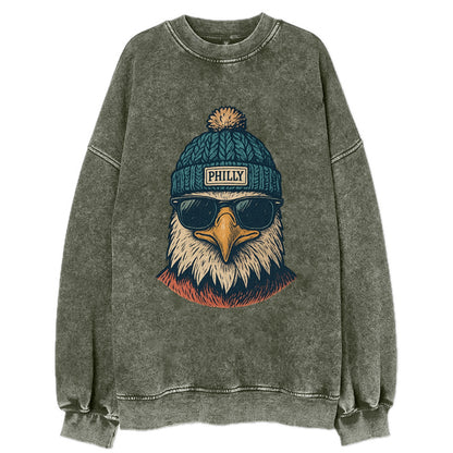 Philadelphia Eagle wearing Philly beanie with pom pom and wayfarer sunglasses - Vintage Sweatshirt - Forest Mist(Green)