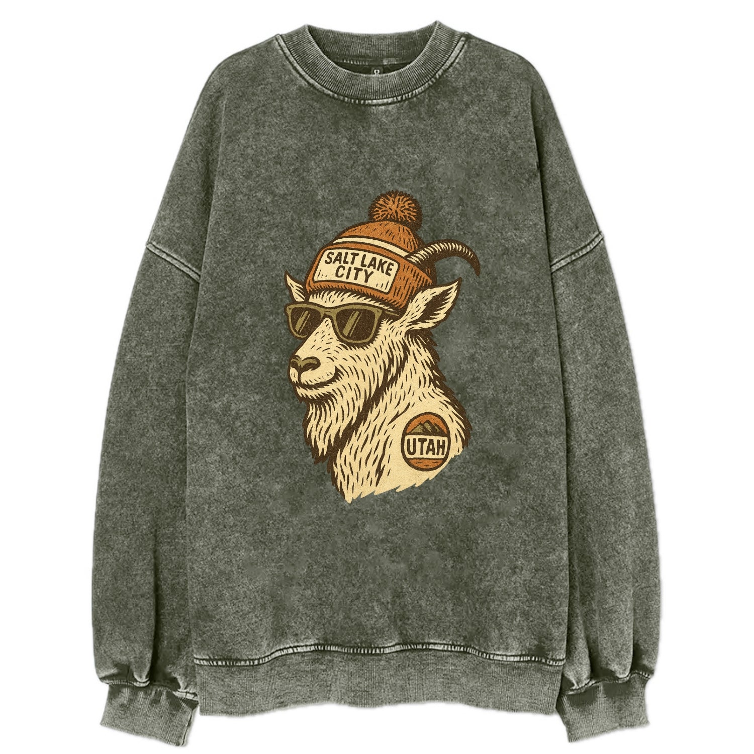 Utah Mountain Goat wearing Salt Lake City beanie with pom pom and wayfarer - Vintage Sweatshirt - Forest Mist(Green)