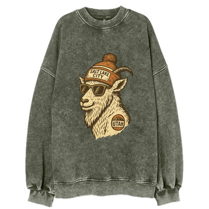 Utah Mountain Goat wearing Salt Lake City beanie with pom pom and wayfarer - Vintage Sweatshirt - Forest Mist(Green)