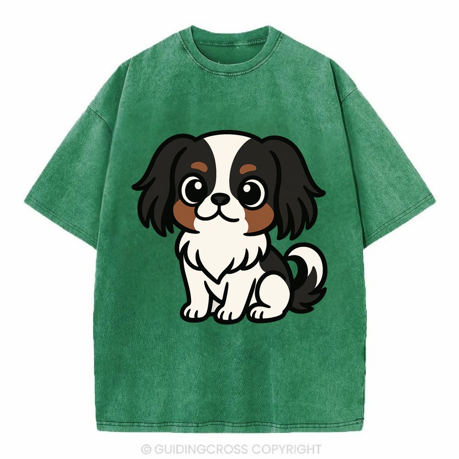 Japanese Chin - Black and white sitting pose - Vintage T-shirt - Forest Mist(Green)