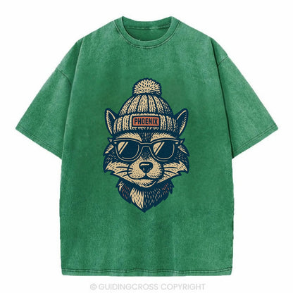 Arizona Ringtail wearing Phoenix beanie with pom pom and wayfarer sunglasses - Vintage T-shirt - Forest Mist(Green)