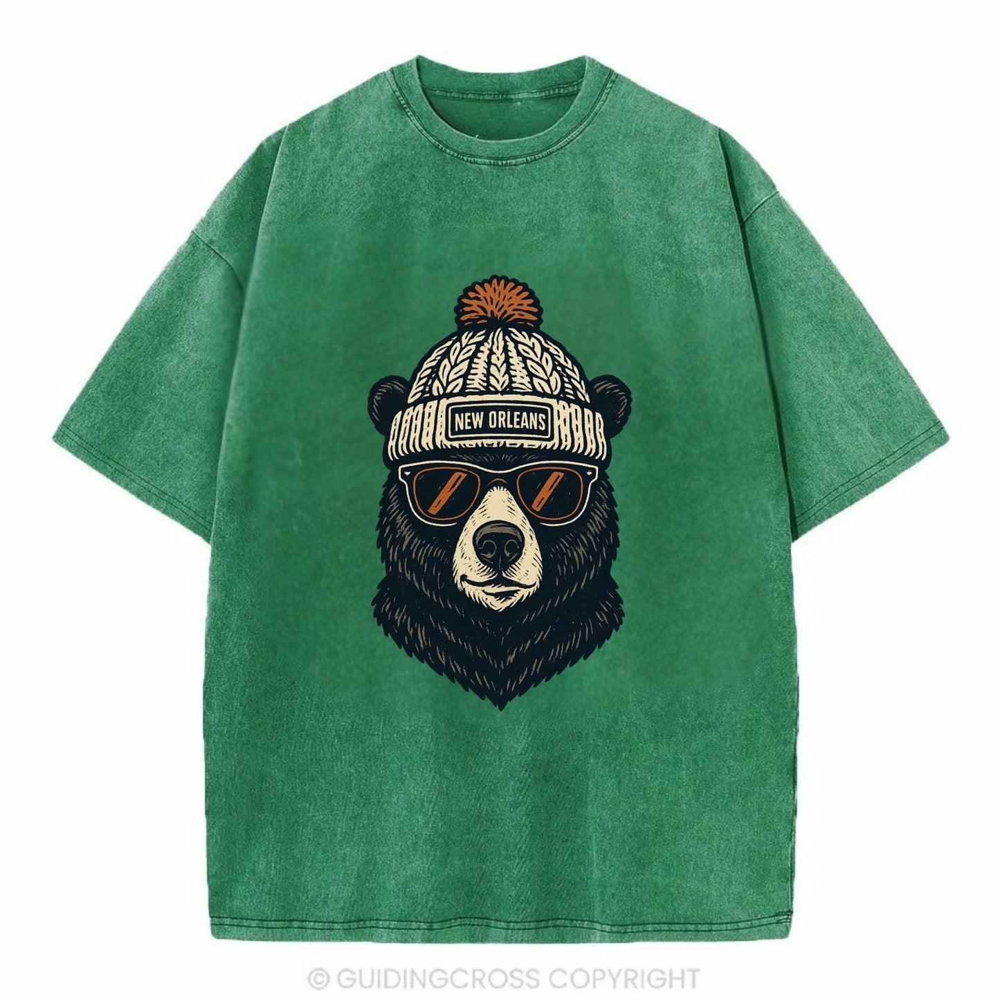 Louisiana Black Bear wearing New Orleans beanie with pom pom and wayfarer - Vintage T-shirt - Forest Mist(Green)