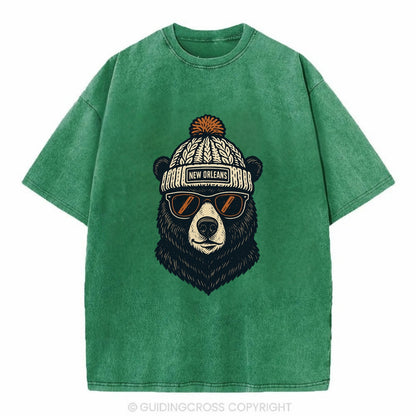 Louisiana Black Bear wearing New Orleans beanie with pom pom and wayfarer - Vintage T-shirt - Forest Mist(Green)