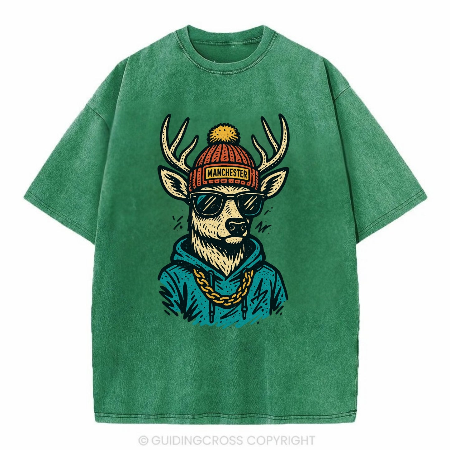 New Hampshire White-tailed Deer wearing Manchester beanie with pom pom and - Vintage T-shirt - Forest Mist(Green)