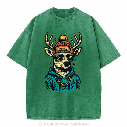New Hampshire White-tailed Deer wearing Manchester beanie with pom pom and - Vintage T-shirt - Forest Mist(Green)
