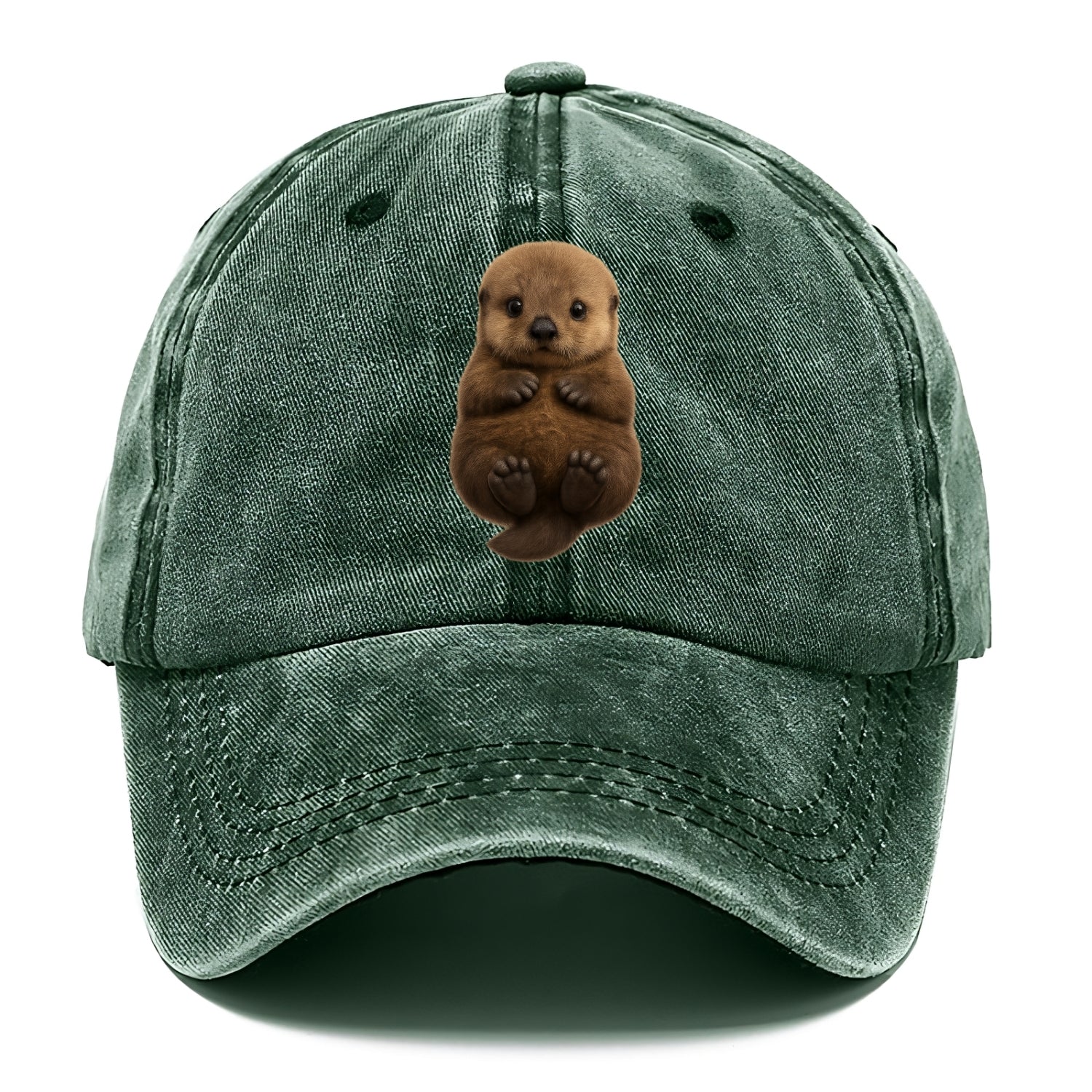 Baby Sea Otter - brown fluffy, floating on back, tiny paws, bright eyes, - Classic Cap - Forest Mist(Green)