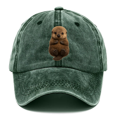 Baby Sea Otter - brown fluffy, floating on back, tiny paws, bright eyes, - Classic Cap - Forest Mist(Green)