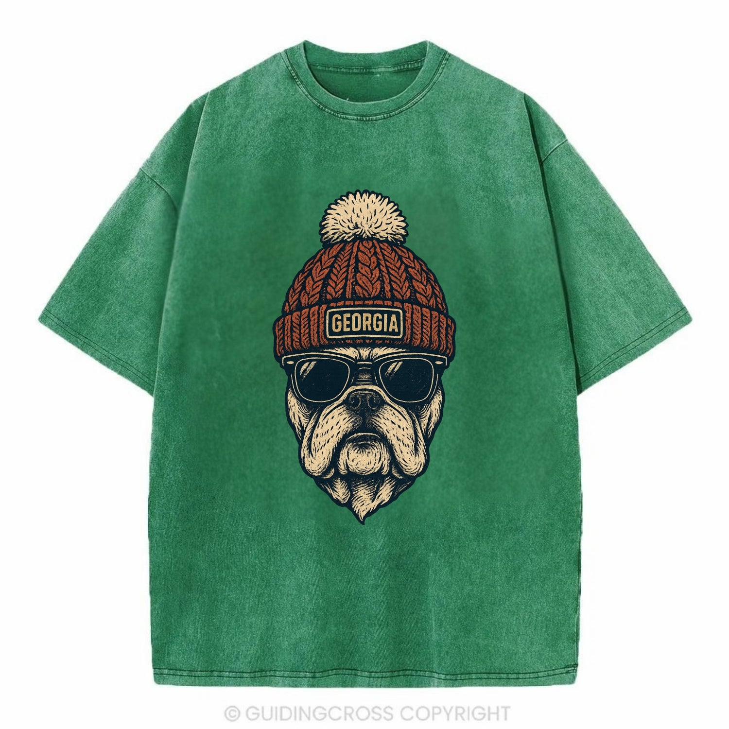 Athens Bulldog wearing Georgia beanie wi - Vintage T-shirt - Forest Mist(Green)