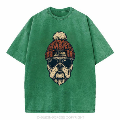 Athens Bulldog wearing Georgia beanie wi - Vintage T-shirt - Forest Mist(Green)