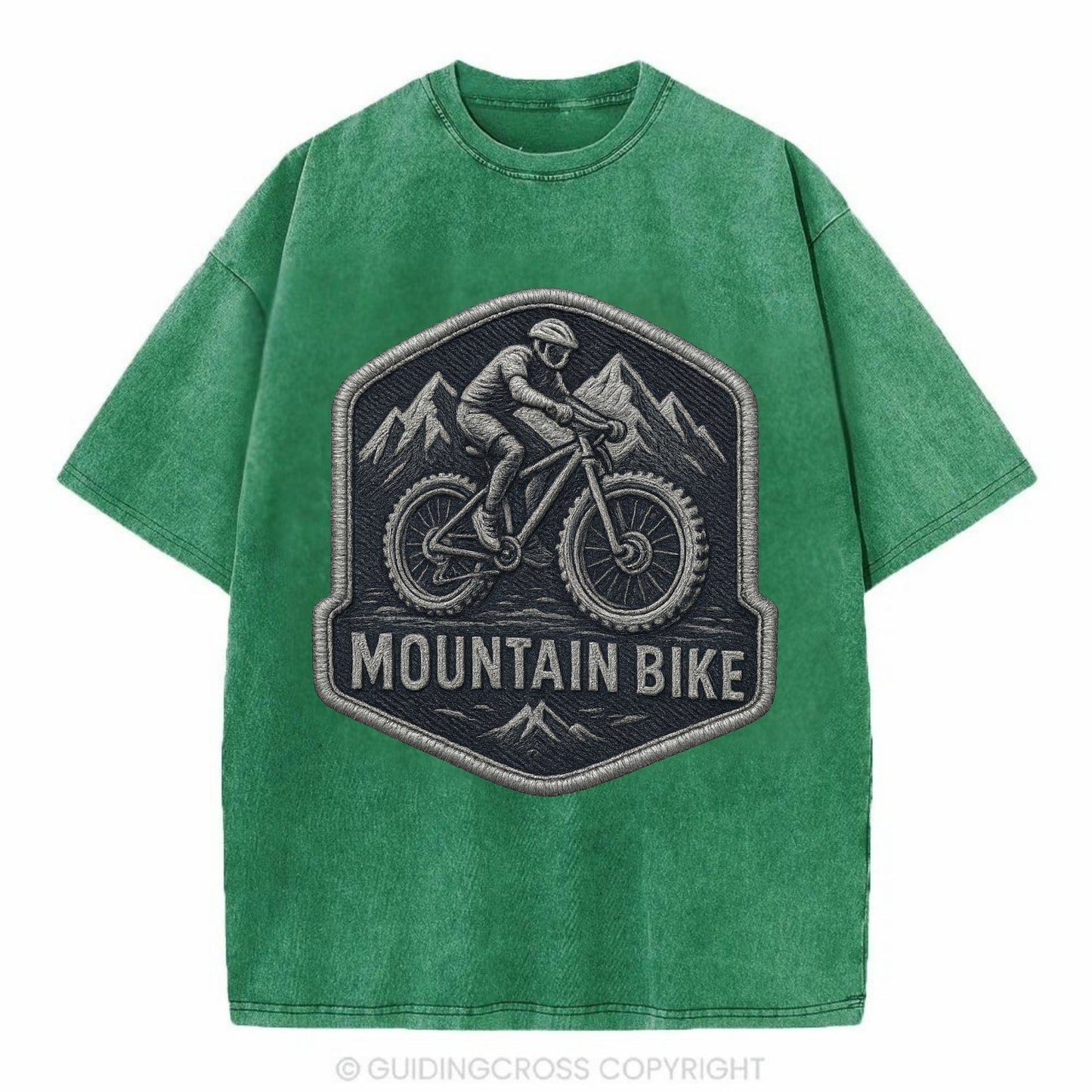 Mountain bike with rugged tires - cyclist badge - Vintage T-shirt - Forest Mist(Green)