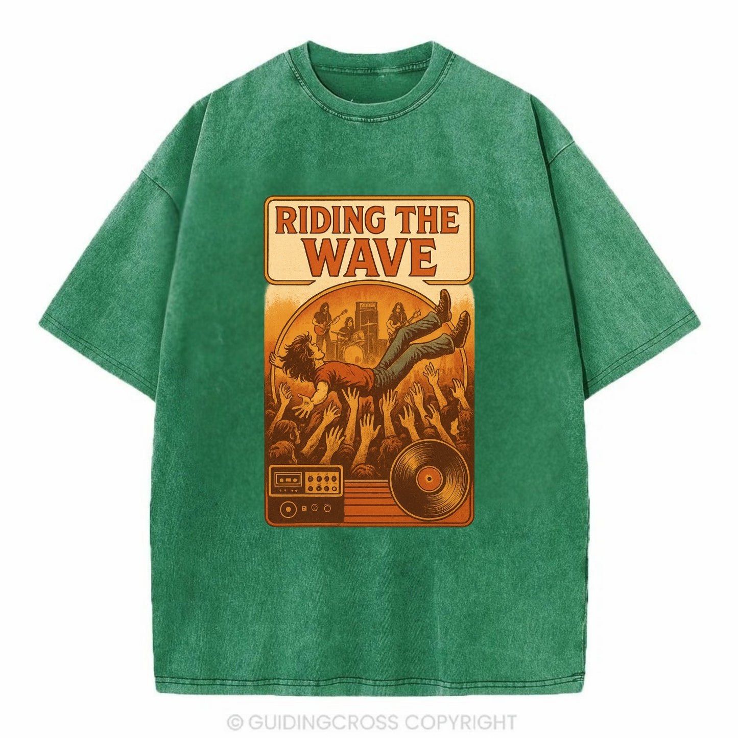 Crowd surfing at packed concert - "Riding the Wave" - concert energy - Vintage T-shirt - Forest Mist(Green)