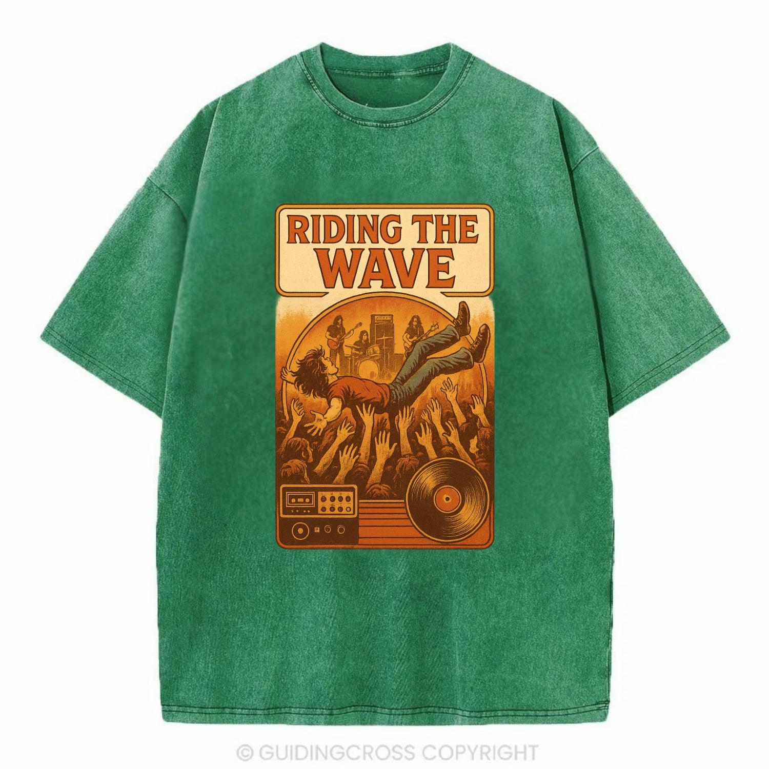 Crowd surfing at packed concert - "Riding the Wave" - concert energy - Vintage T-shirt - Forest Mist(Green)