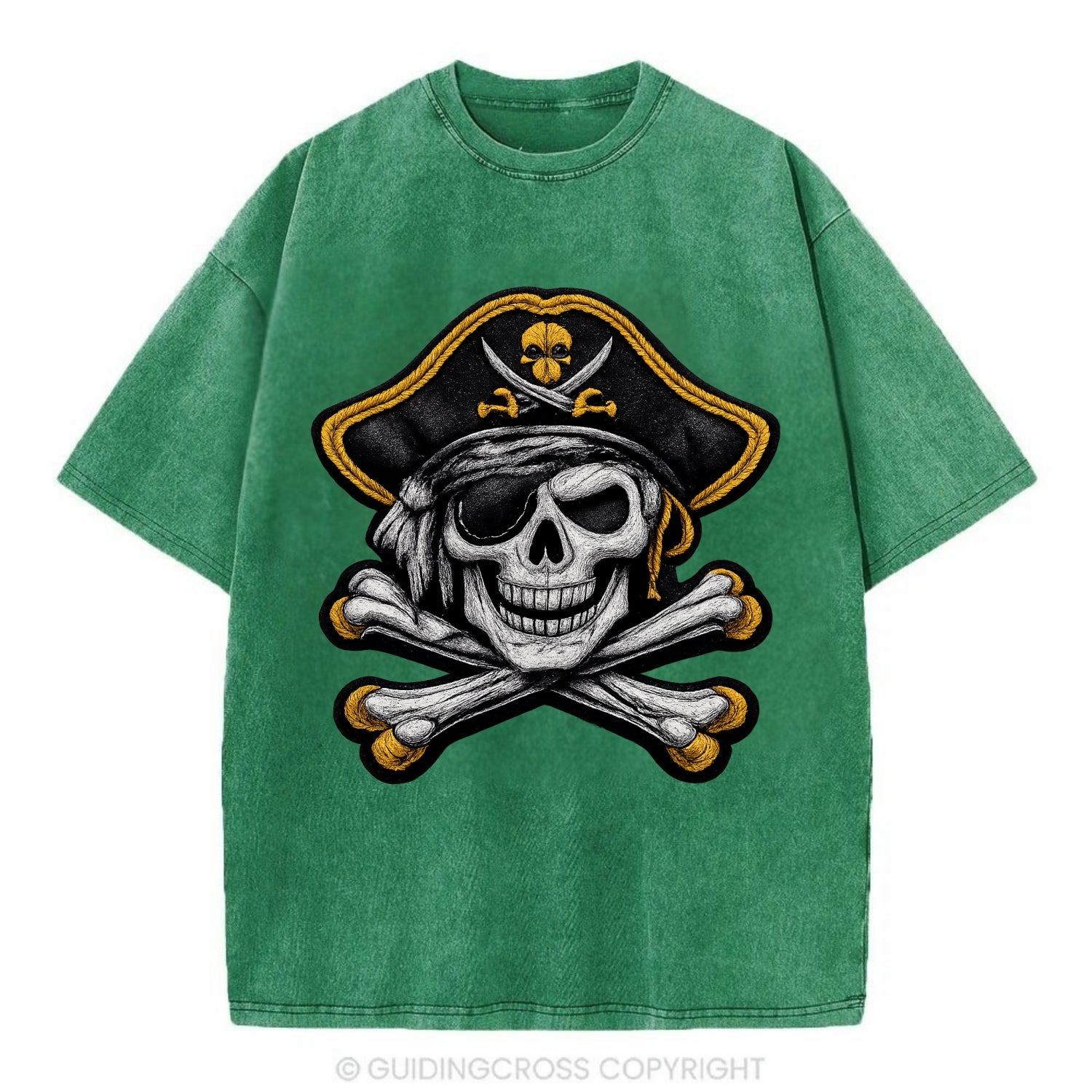 PIRATE SKULL - Jolly Roger skull in black and white , pirate - Vintage T-shirt - Forest Mist(Green)