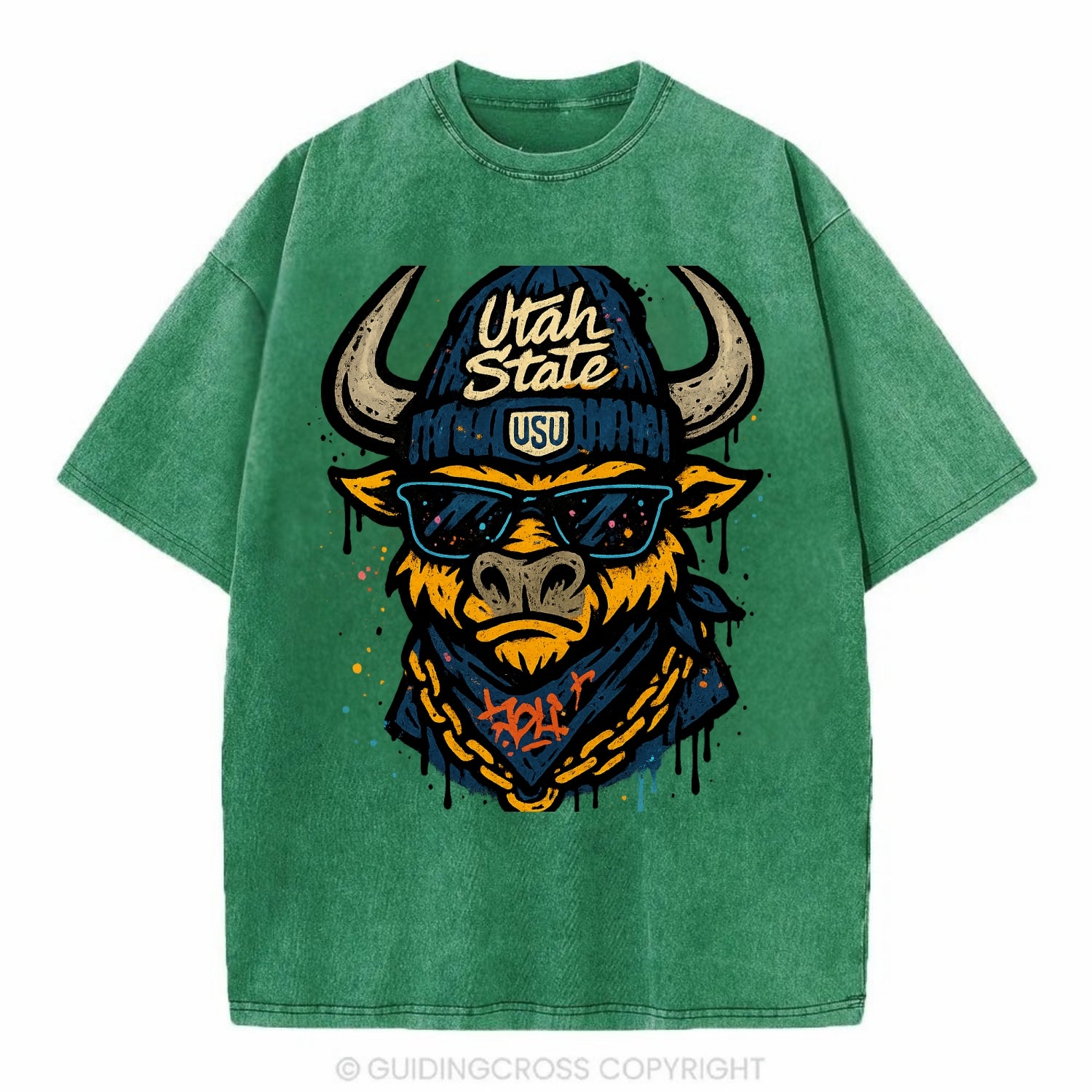 Logan Aggie wearing Utah State beanie with USU patch - Vintage T-shirt - Forest Mist(Green)