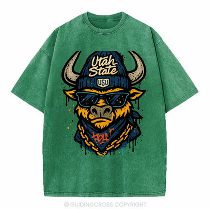 Logan Aggie wearing Utah State beanie with USU patch - Vintage T-shirt - Forest Mist(Green)