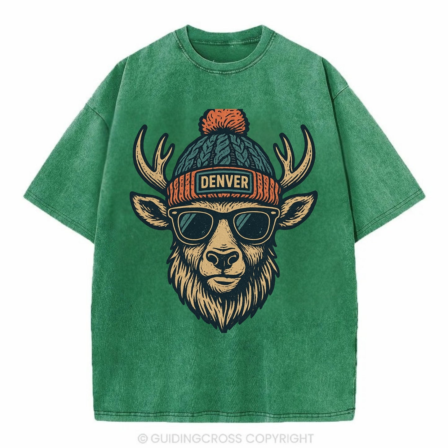 Denver Elk wearing Denver beanie with pom pom and wayfarer sunglasses - Vintage T-shirt - Forest Mist(Green)