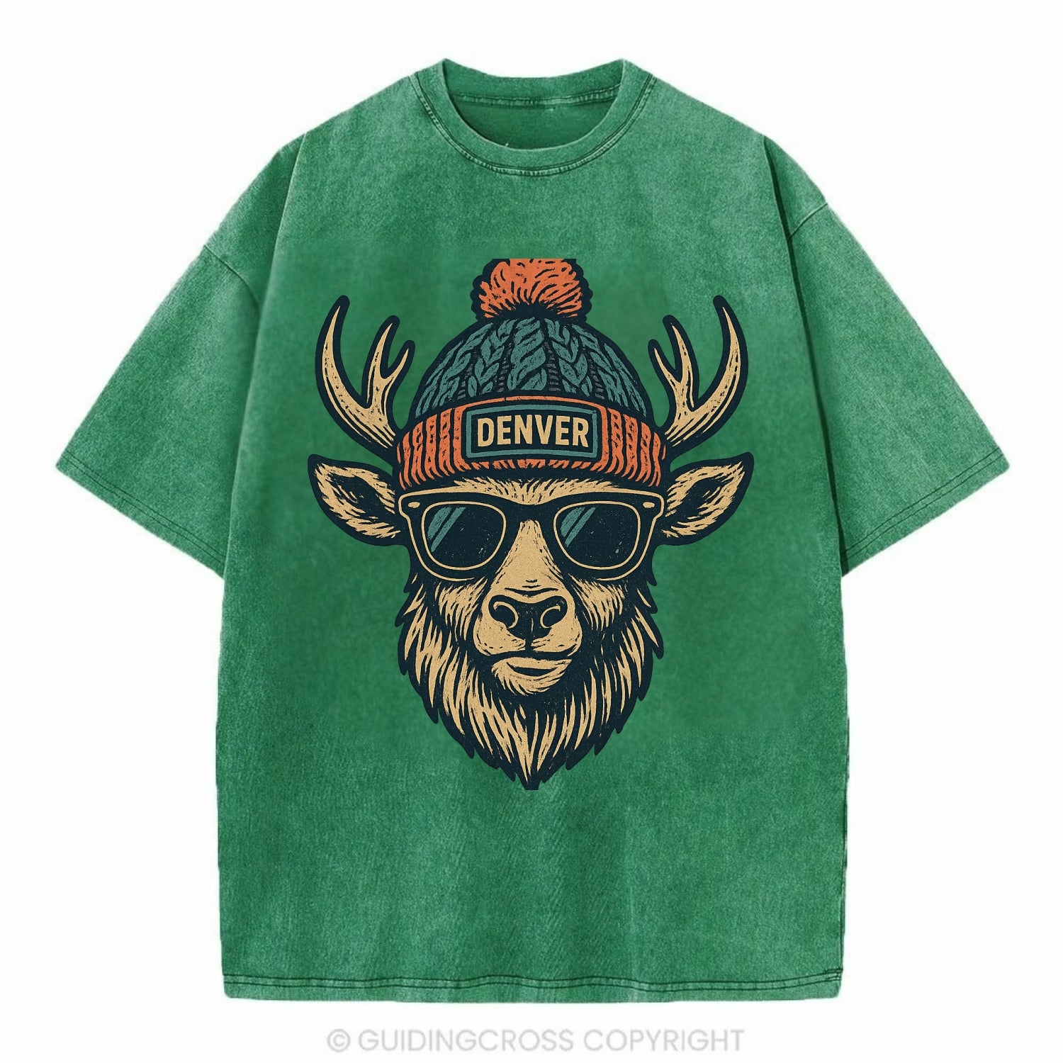 Denver Elk wearing Denver beanie with pom pom and wayfarer sunglasses - Vintage T-shirt - Forest Mist(Green)