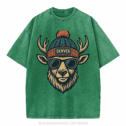Denver Elk wearing Denver beanie with pom pom and wayfarer sunglasses - Vintage T-shirt - Forest Mist(Green)