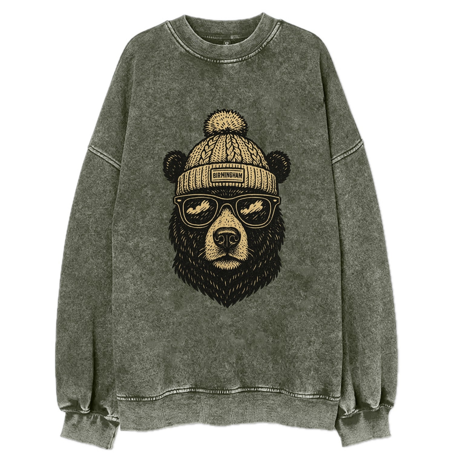 Alabama Black Bear wearing Birmingham beanie with pom pom and wayfarer - Vintage Sweatshirt - Forest Mist(Green)